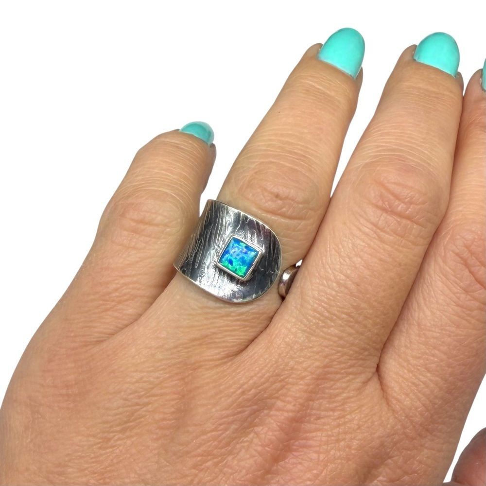 Blue Fire Opal Ring Adjustable 7 7.5 Solid 925 Sterling Silver Wide Band - Picture 3 of 7